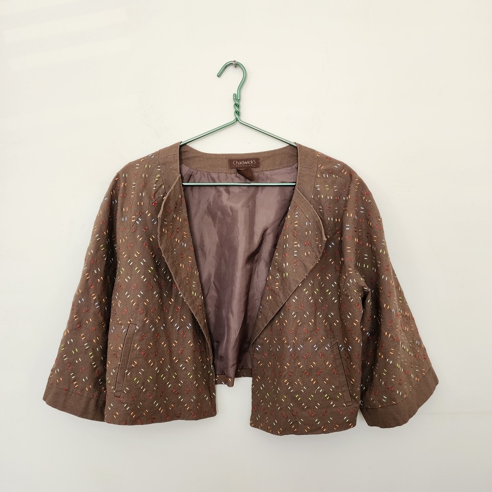 Chadwicks Collection Brown Linen Blend Embroidered Cropped Jacket Bolero 16